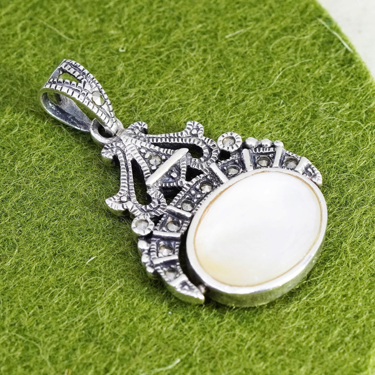 vtg Sterling 925 silver handmade double sided pendant w/ moonstone Marcasite