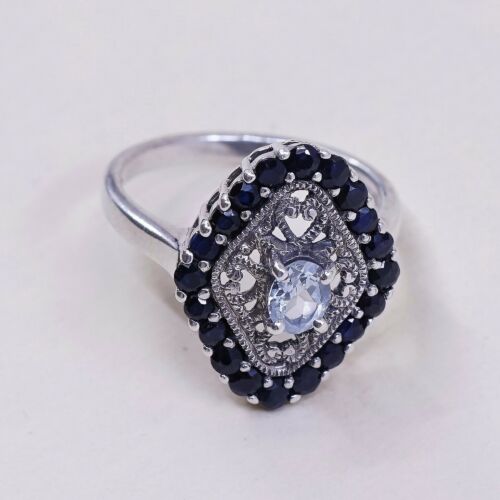 Sz 6 Vtg CNA Sterling silver Engagement ring, 925 W/ Cluster Sapphire N Topaz