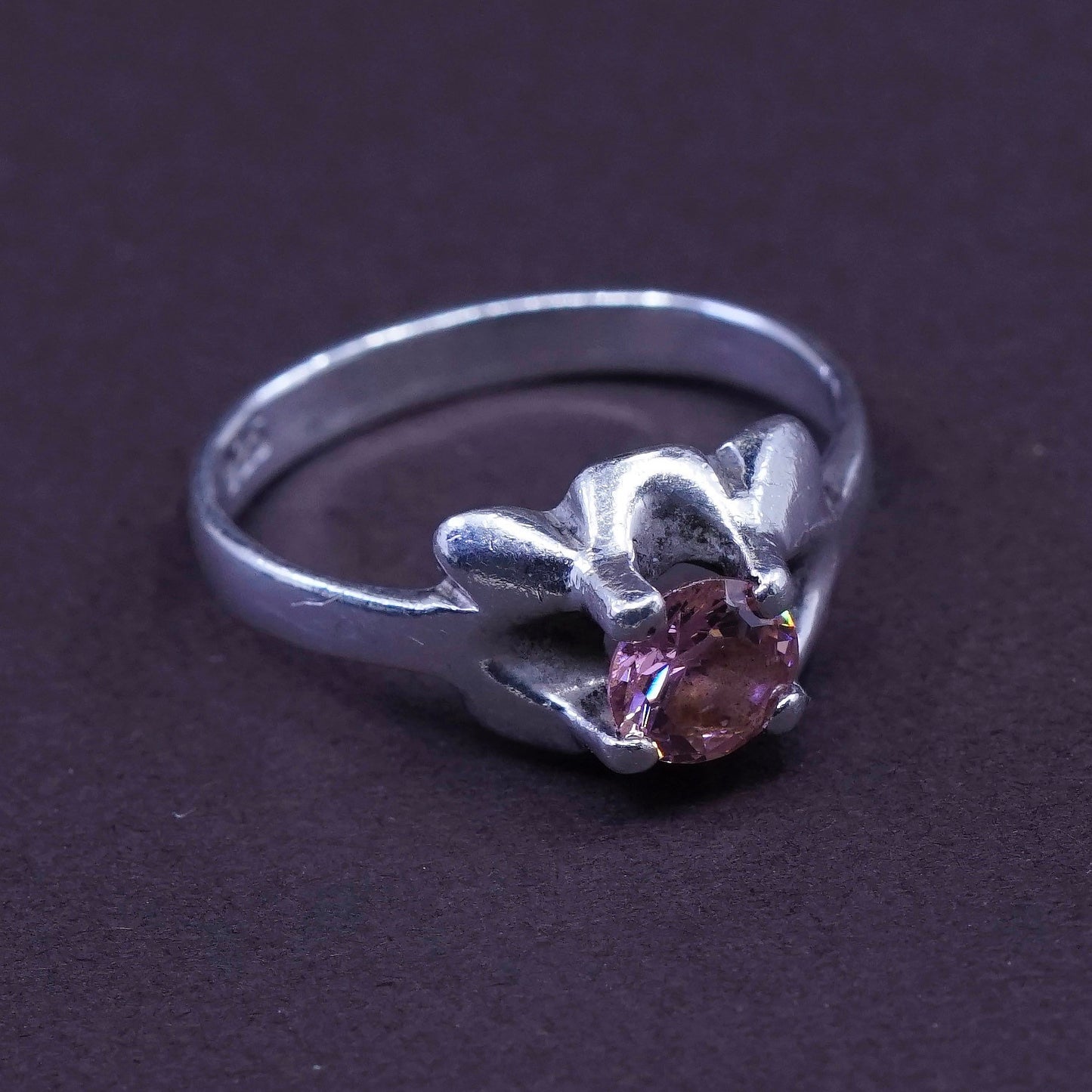 Size 8, vintage Sterling 925 silver handmade ring with pink Quartz, stamped 925