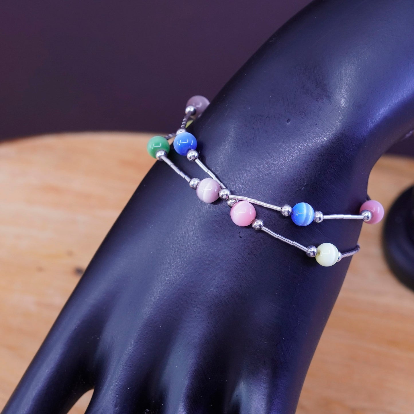 13”, Sterling 925 liquid silver handmade choker collar necklace cat’s eye beads