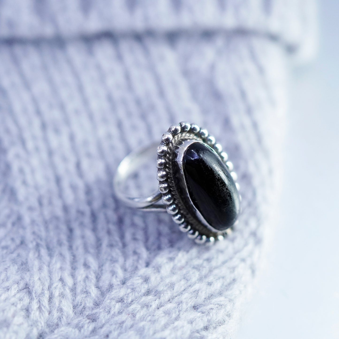 Size 6.5 vintage Sterling 925 silver handmade ring with onyx and beads