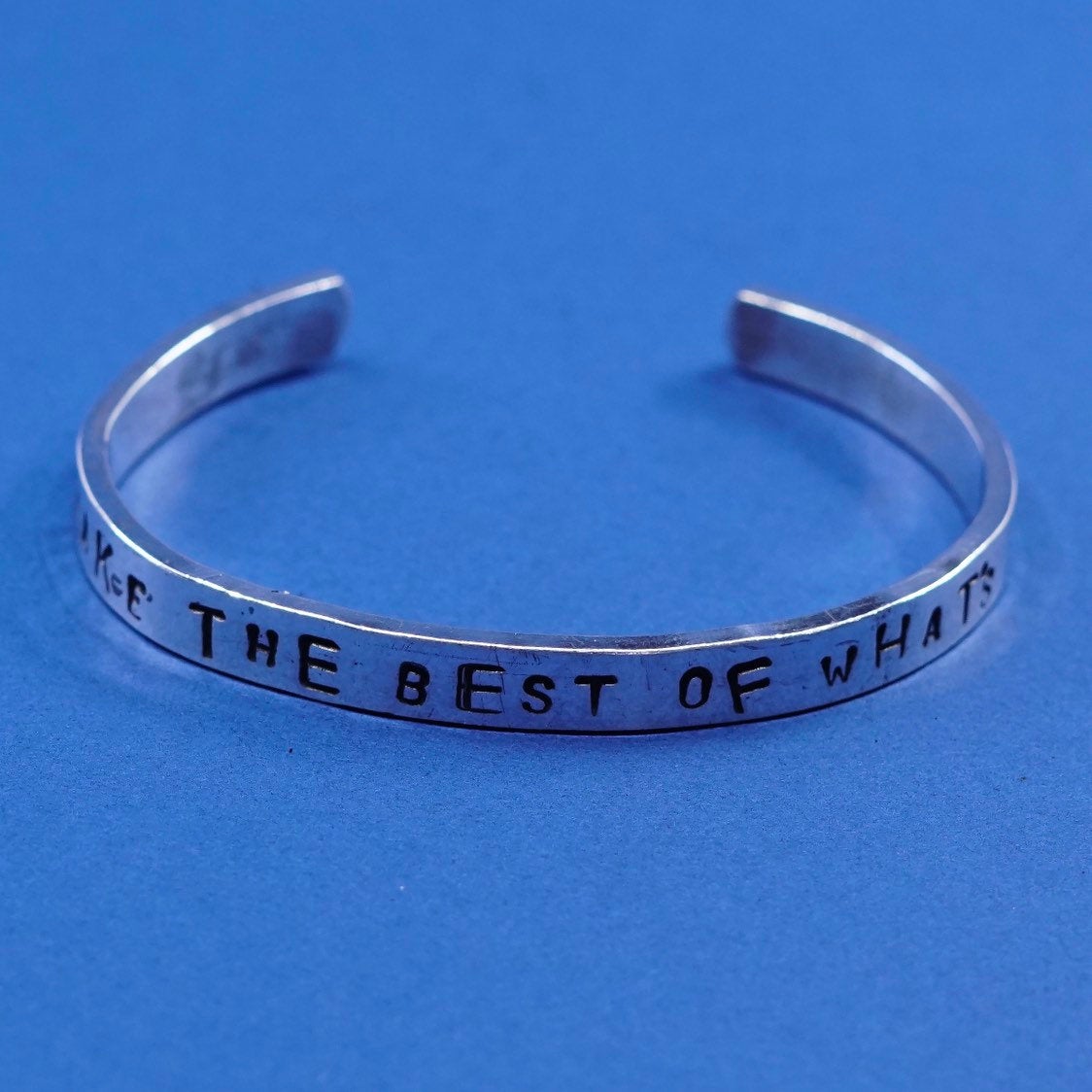6.75", vtg sterling silver handmade bracelet, hammered quote 925 cuff well make