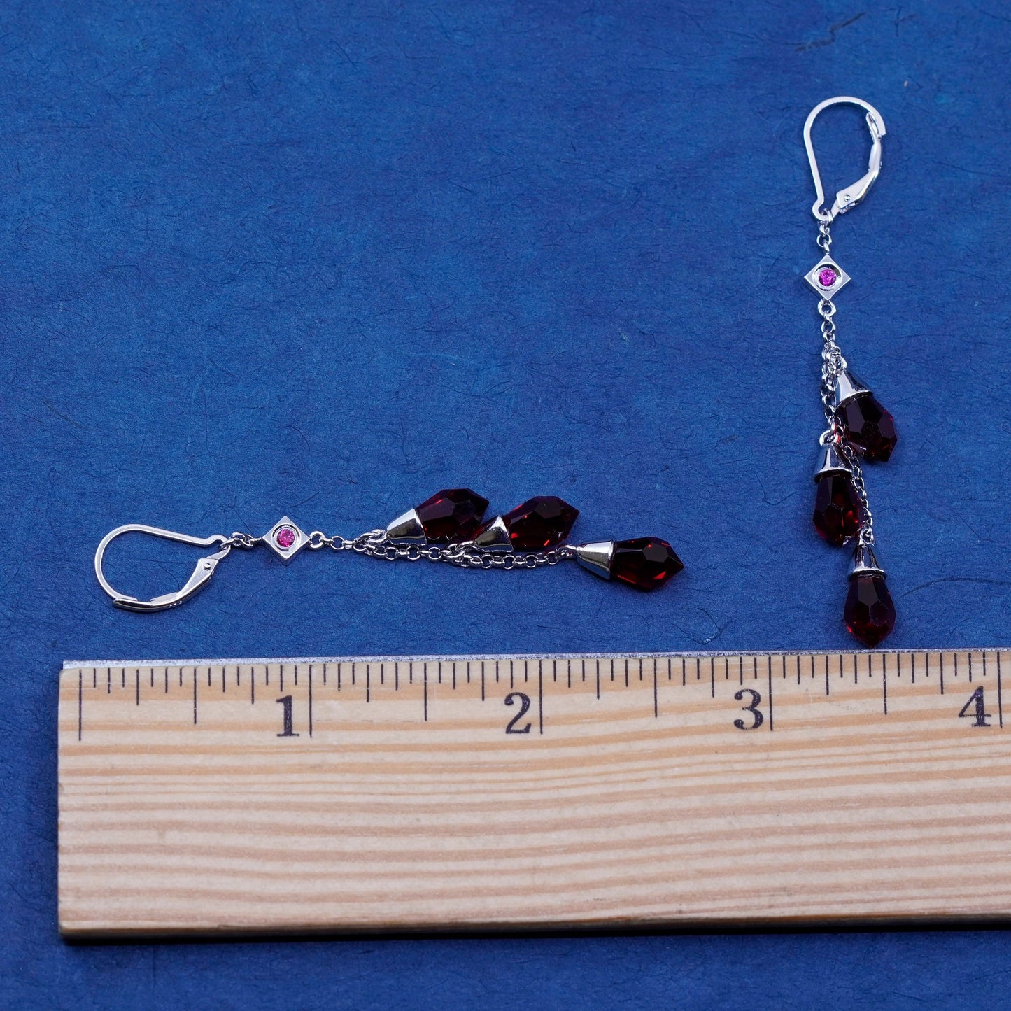 Designer Elle sterling 925 silver handmade earrings with teardrop ruby dangles