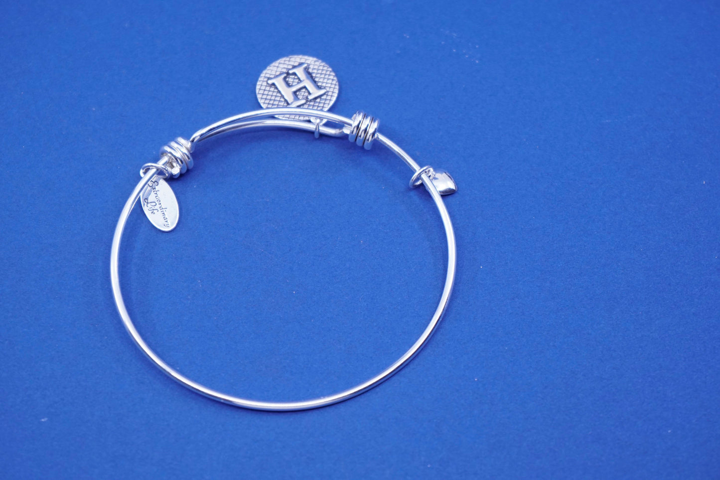 8”, vintage sterling silver handmade bracelet, 925 bangle w/ initial “H” charm