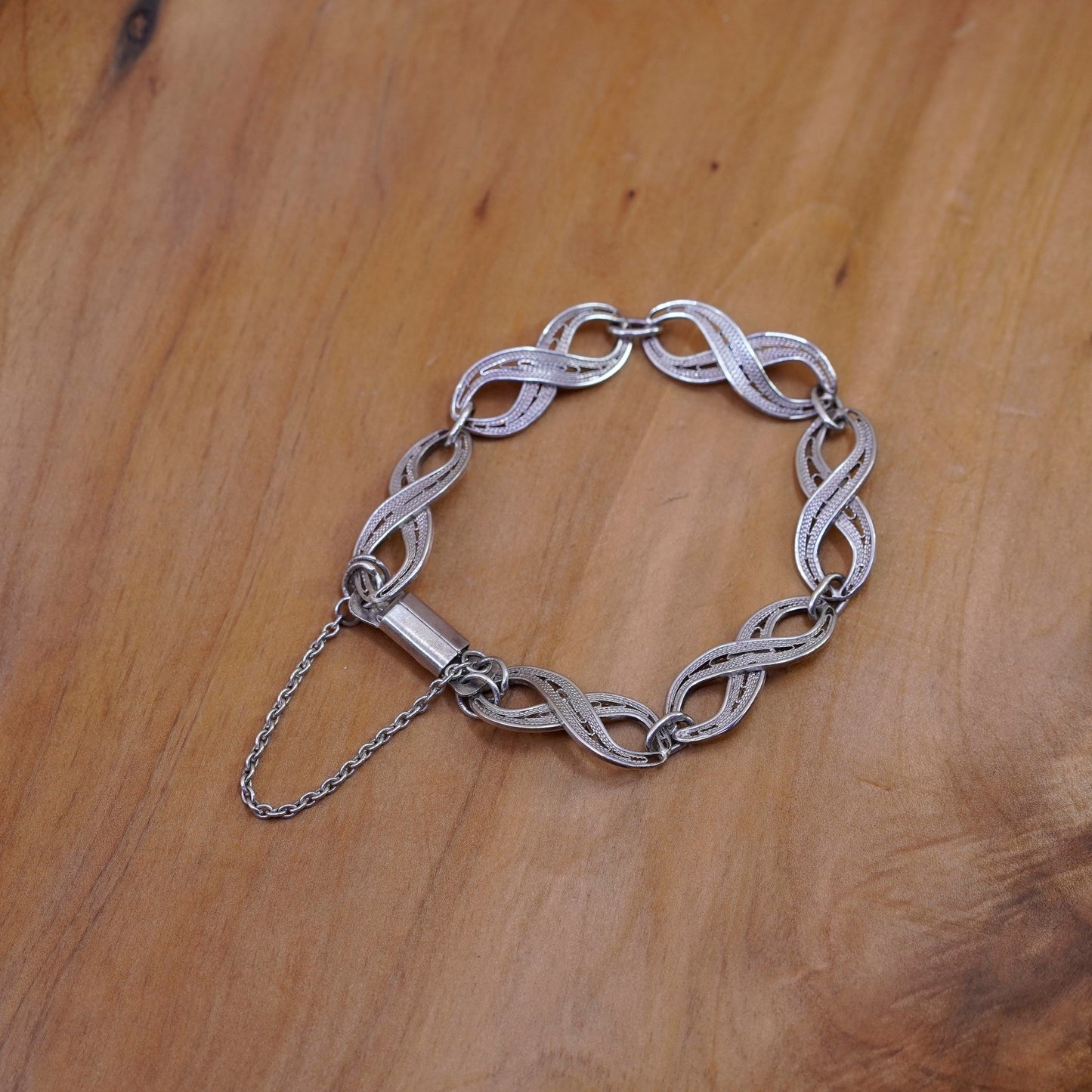6.75”, vintage Sterling silver handmade bracelet, filigree infinity chain