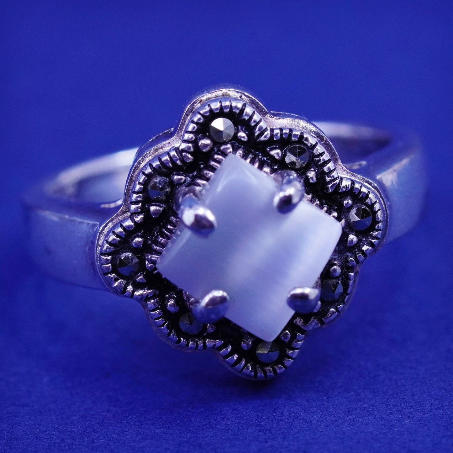 Size 8.25, Sterling 925 silver handmade ring with moonstone and marcasite