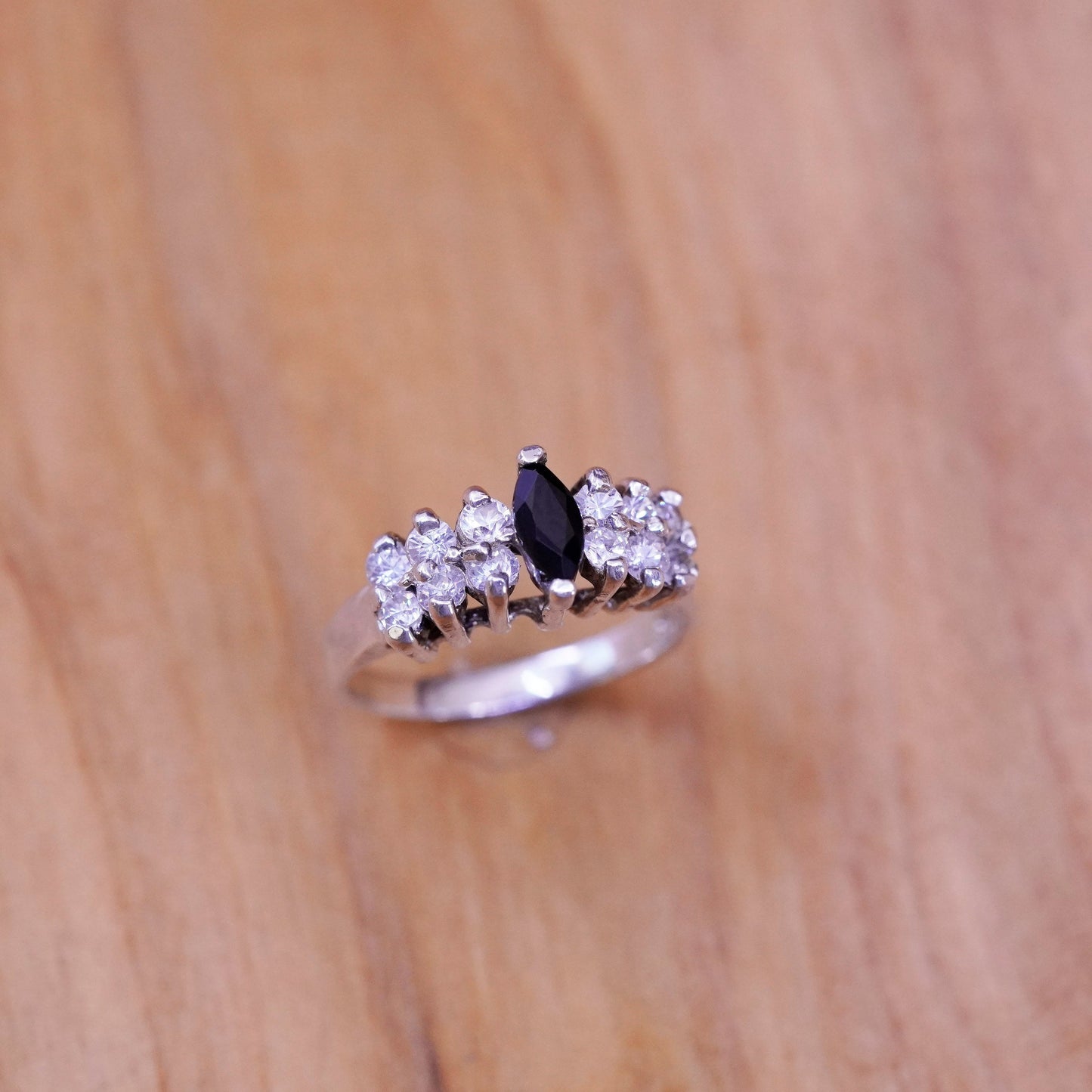 Size 4.75, Vintage Sterling 925 silver handmade ring with obsidian and cz
