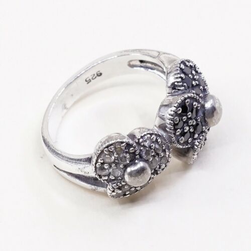 Sz 6.75, Vtg Sterling Silver Handmade Ring, 925 W/ Cluster Black Diamond Flower