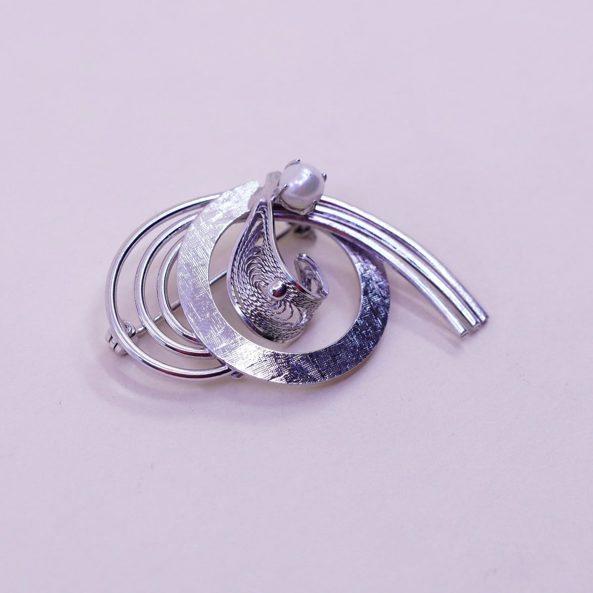 1950s vintage Sterling silver handmade brooch, 925 filigree brooch with pearl