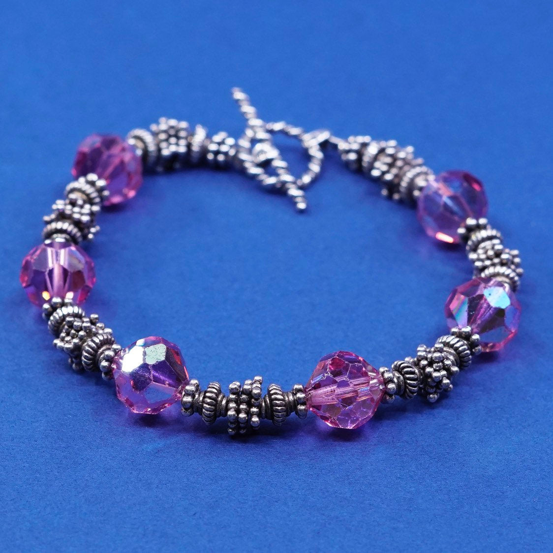 6.5”, vtg sterling silver handmade bracelet, 925 w/ pink crystal beads N toggle