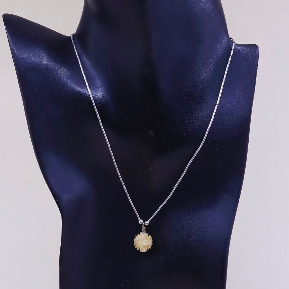 16", vtg sterling liquid silver Handmade chain w/ craved flower bone pendant