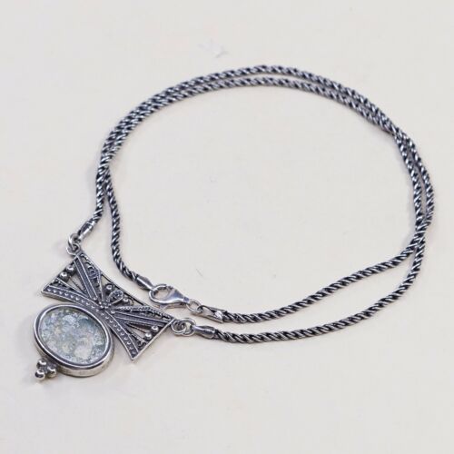 18” 2mm, Vtg 925 Sterling 925 Silver Twisted Snake chain Necklace W/ Roman Glass