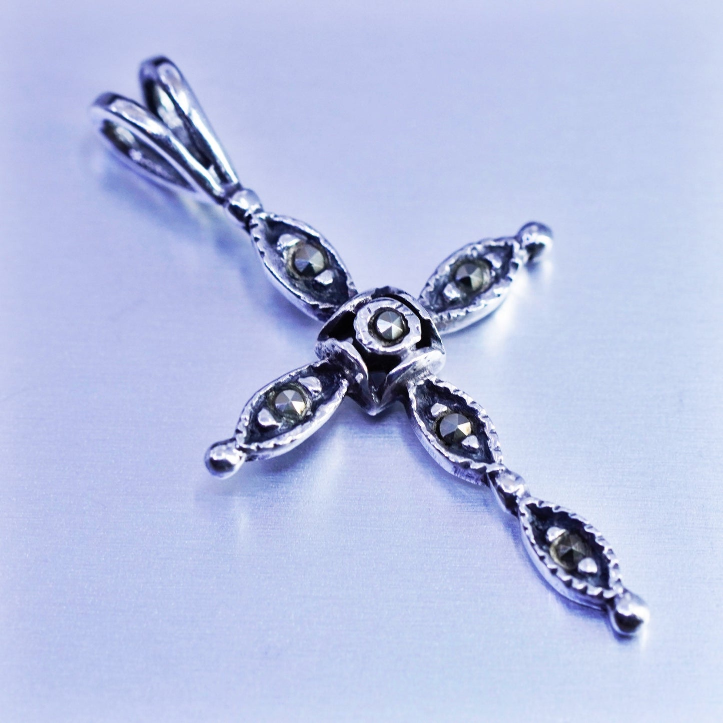 antique sterling 925 silver cross pendant with Marcasite