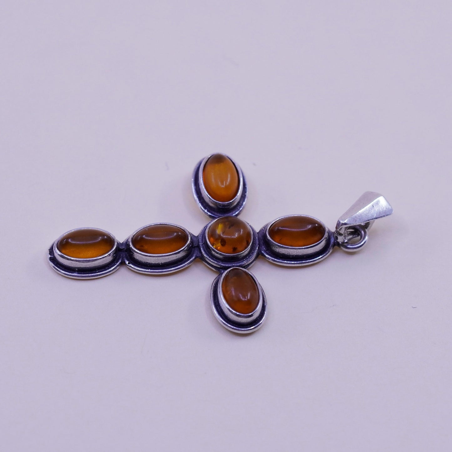 Vintage sterling 925 silver handmade cross pendant with amber