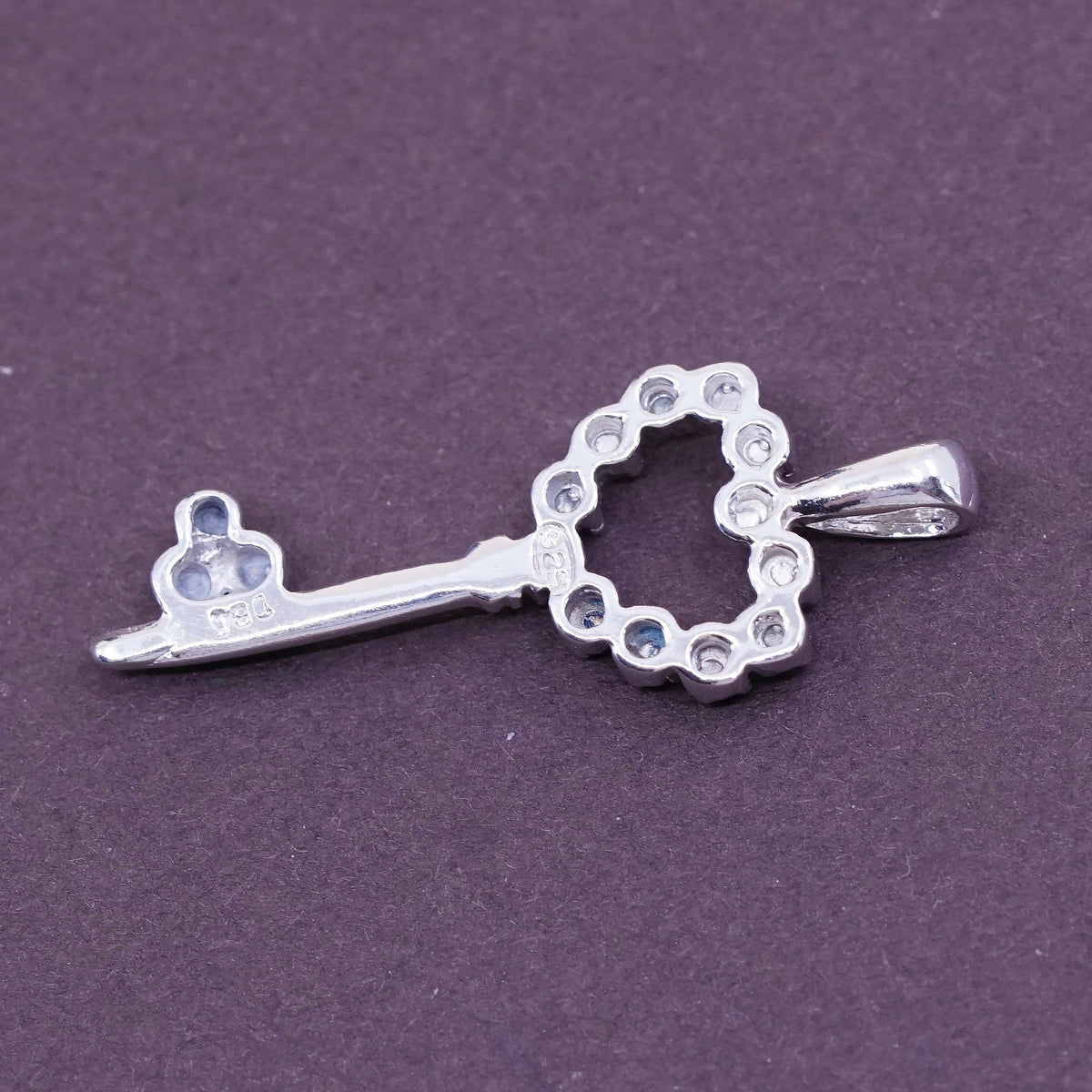Vintage Sterling silver handmade pendant, solid 925 silver key with Cz