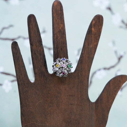 Size 7.25, Vintage sterling 925 silver cluster flower ring w/ colorful crystal