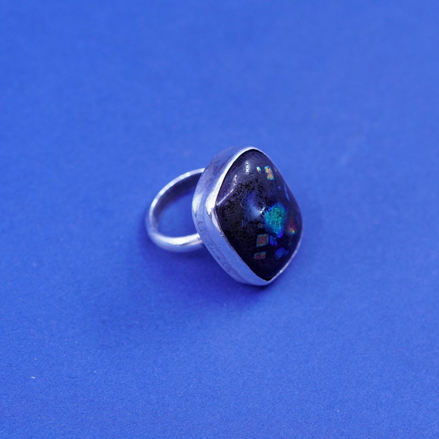 Size 4, vintage Sterling 925 silver handmade ring with foiled glass