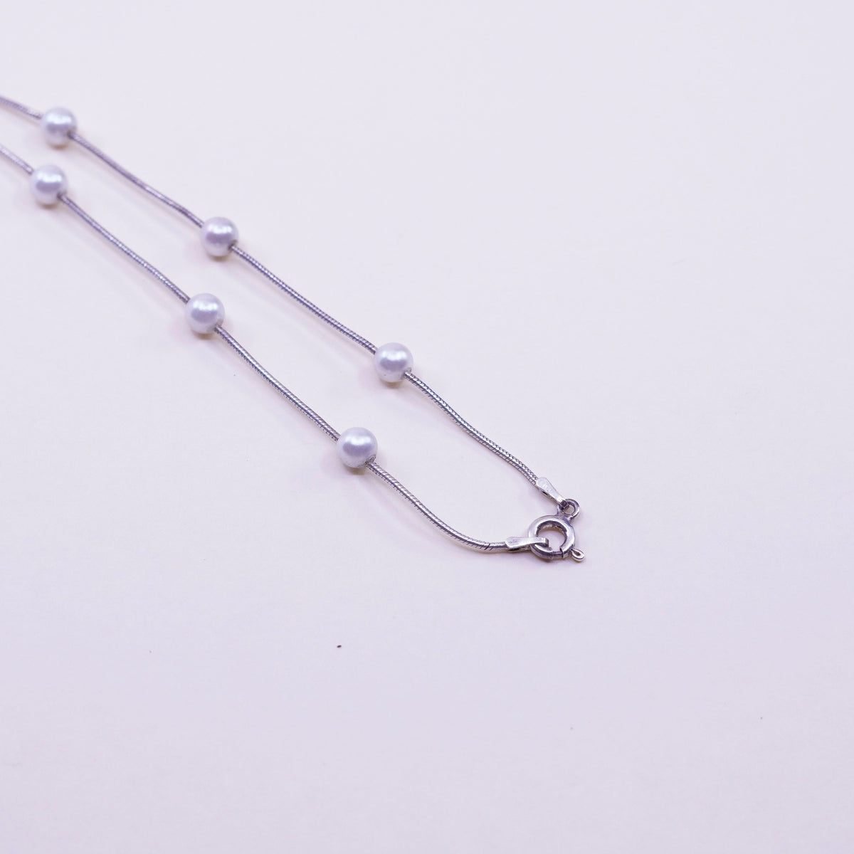 16”, Vintage handmade Sterling 925 silver Snake chain with pearl beads