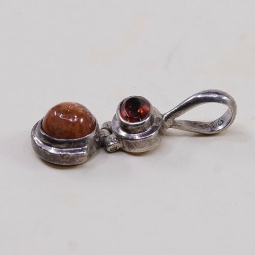 Vtg Handmade Sterling Silver 925 Pendant, Solid 925 Silver W/ Garnet N Ruby