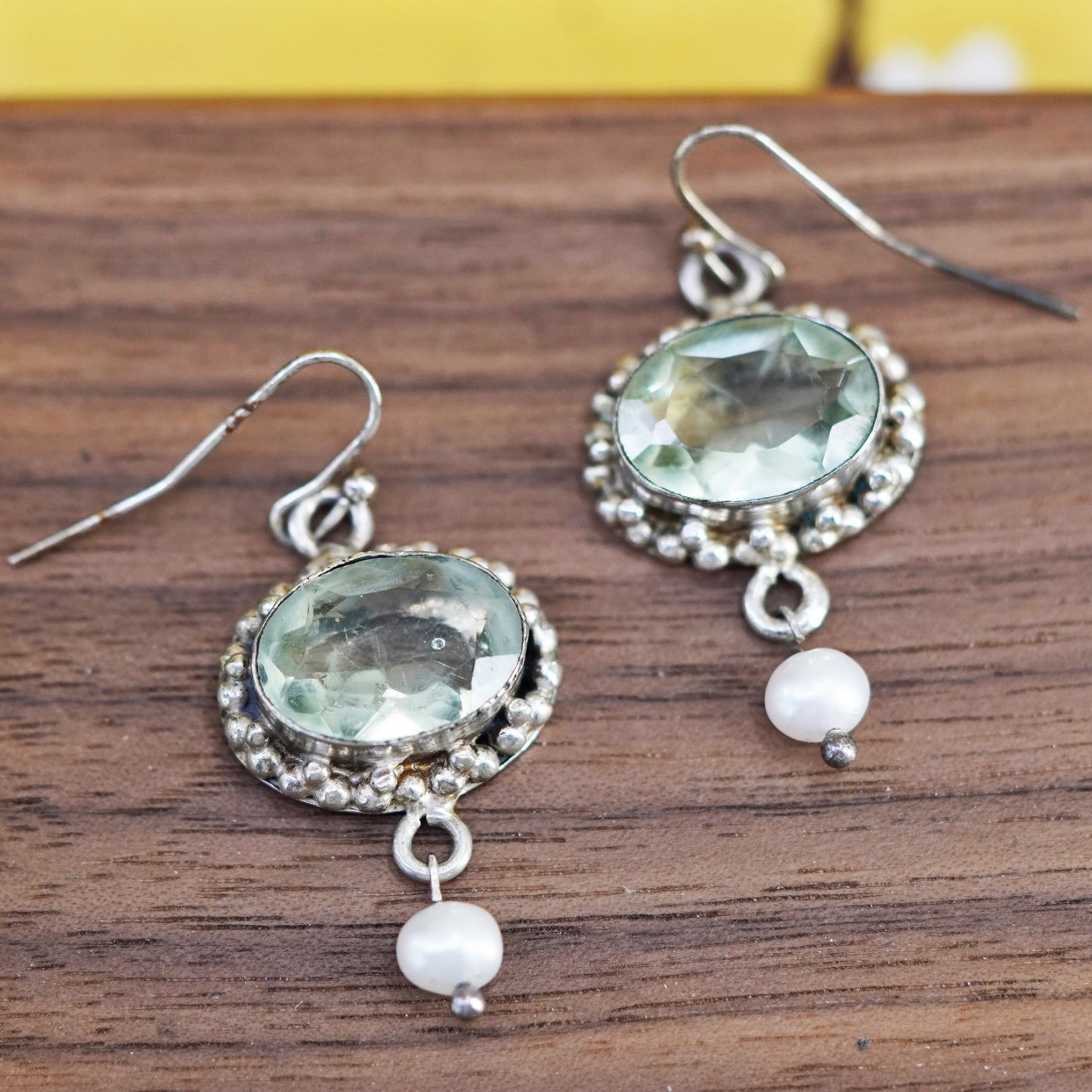 Vintage Sterling 925 silver handmade earrings with oval citrine and pearl