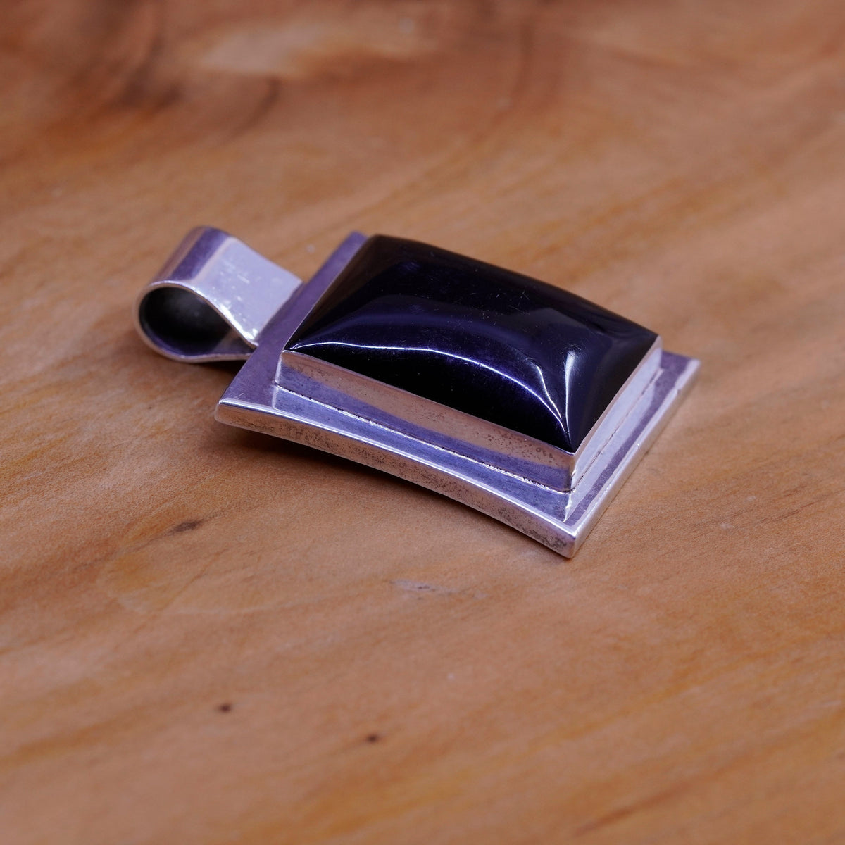Vintage Sterling silver handmade pendant, Mexico 925 square obsidian, black onyx