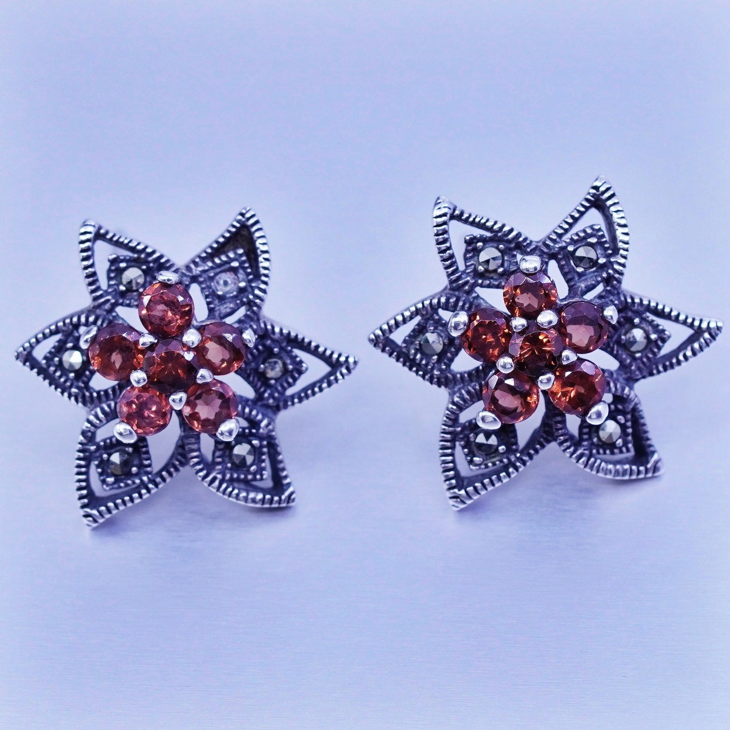 vtg Sterling 925 silver handmade earrings, flower studs with ruby and Marcasite