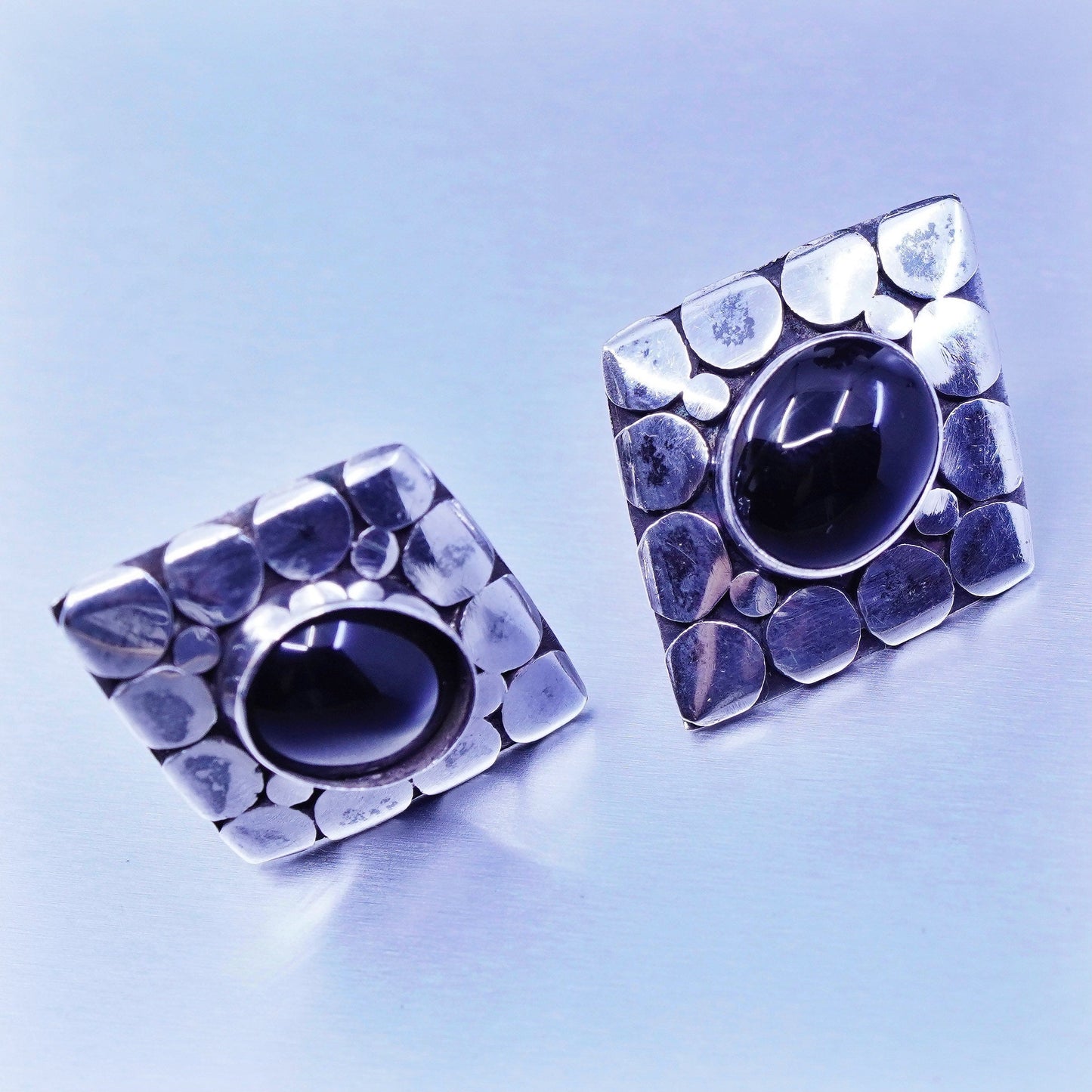 Vintage Sterling 925 silver handmade earrings, pebble textured studs with onyx