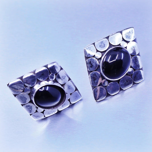 Vintage Sterling 925 silver handmade earrings, pebble textured studs with onyx