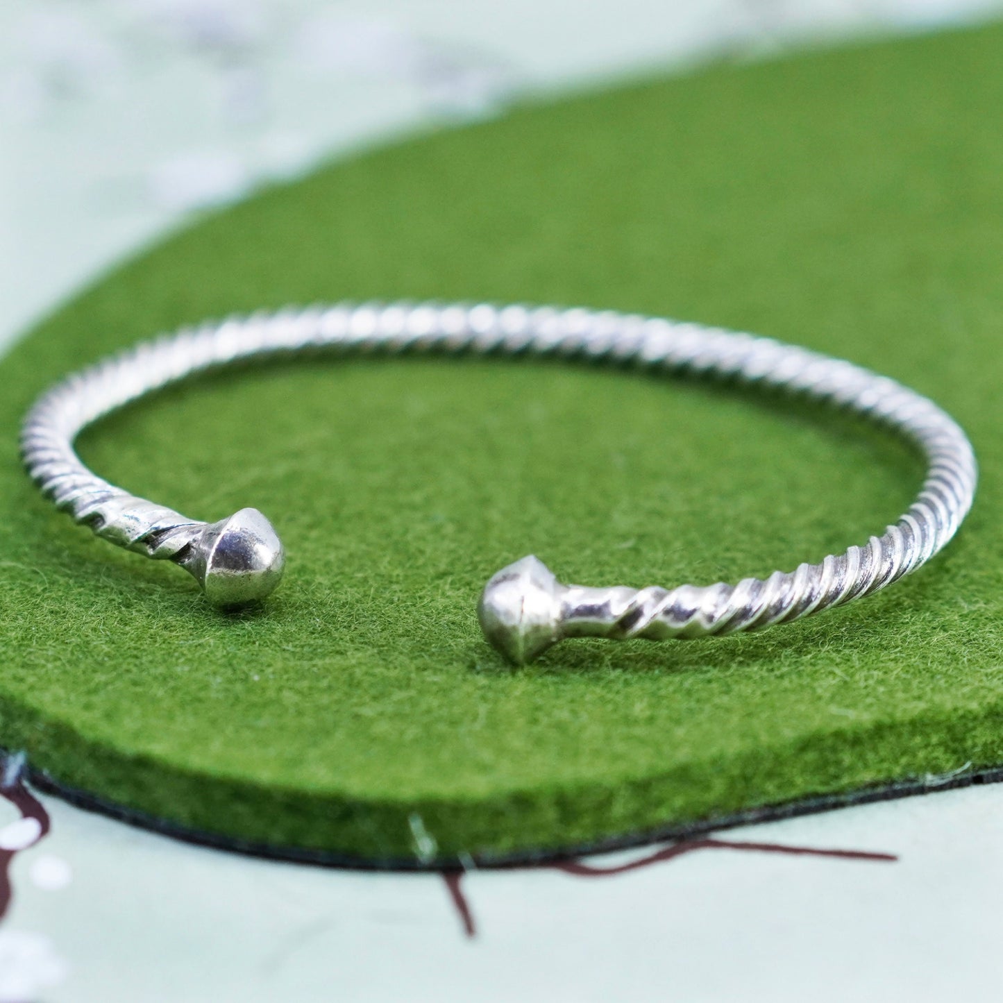 7.5”, Sterling silver bracelet, modern twisted handmade 925 cuff with beads