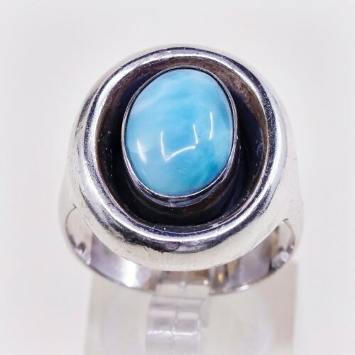 Sz 9.25, Vtg Sterling Silver Handmade Ring, 925 Silver Ring W/ Larimar, Signed