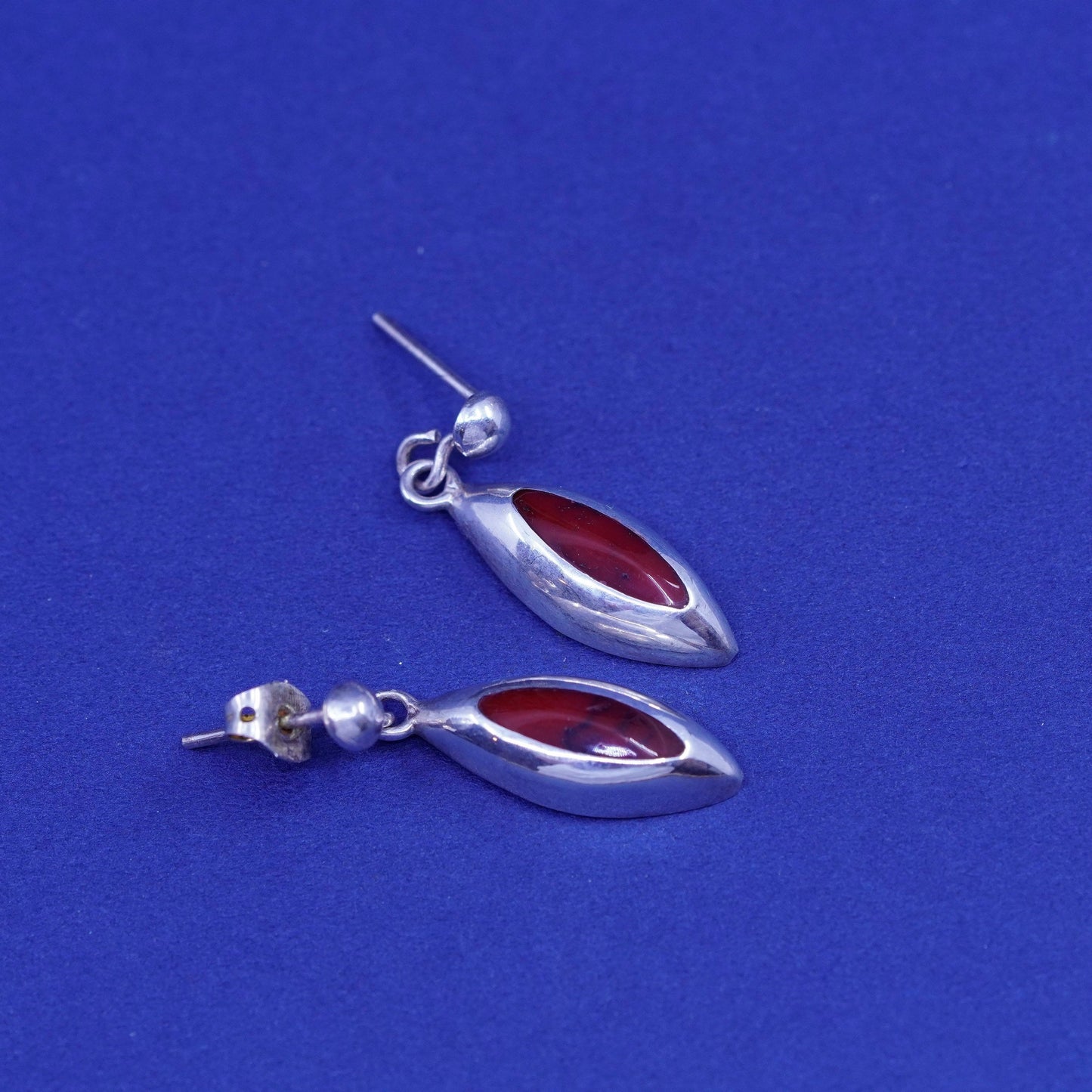 Vintage Sterling silver handmade earrings, 925 marquise drops with red jasper