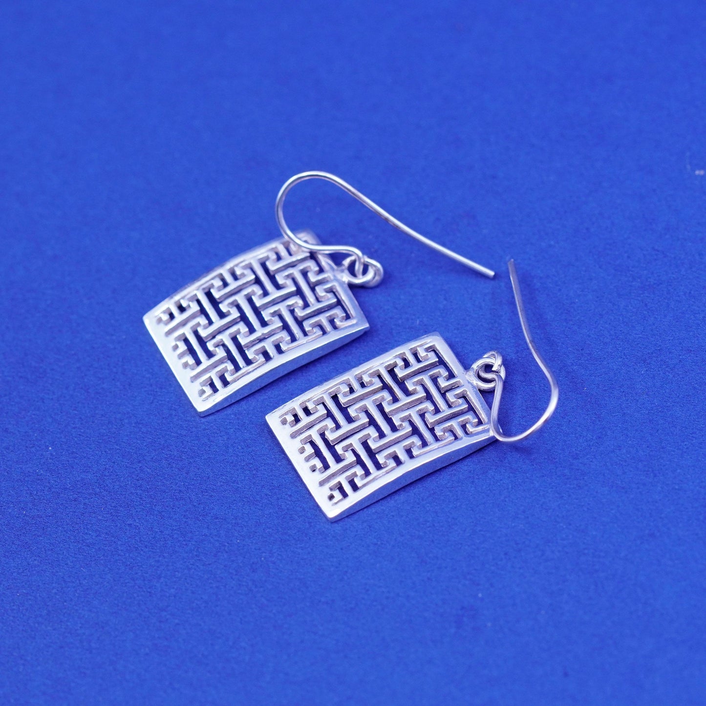 Vintage sterling silver handmade earrings, 925 filigree rectangular dangles
