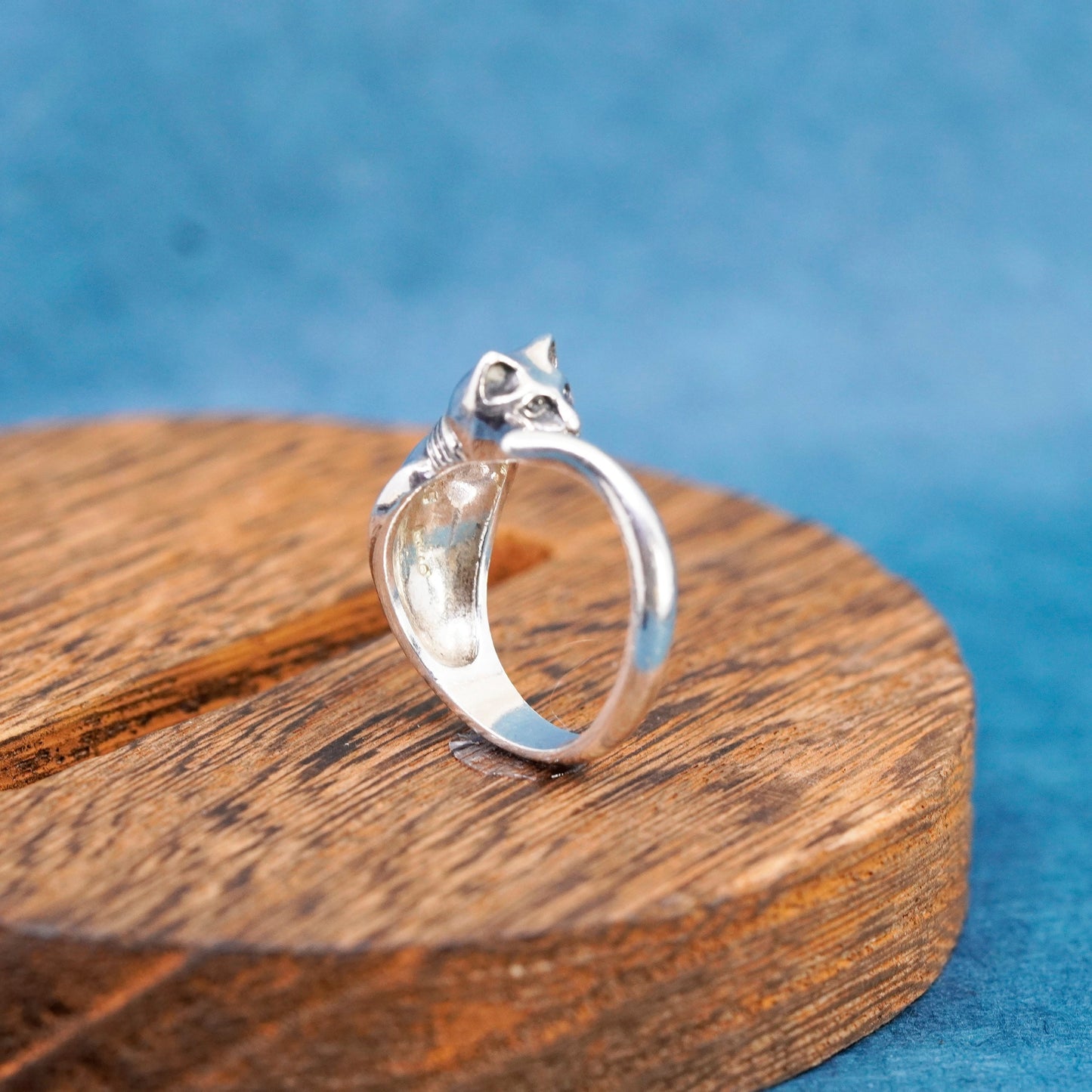 Size adjustable, Vintage Sterling Silver Handmade ring, 925 cat kitty wrap band