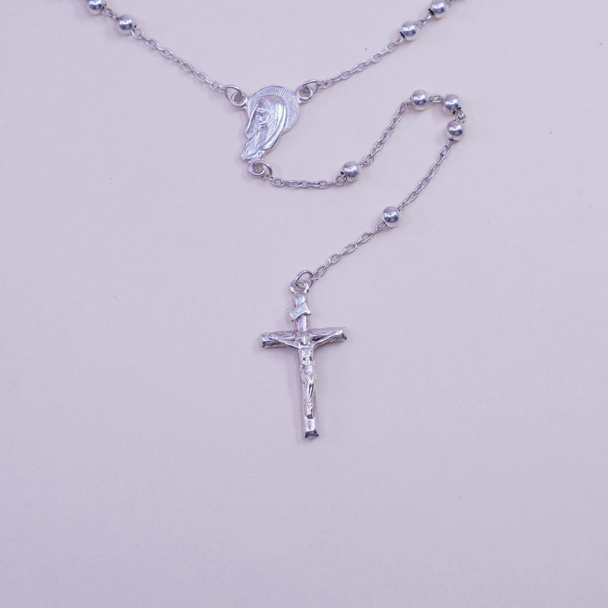 24”, Vintage Israel sterling silver rosary necklace circle chain cross pendant