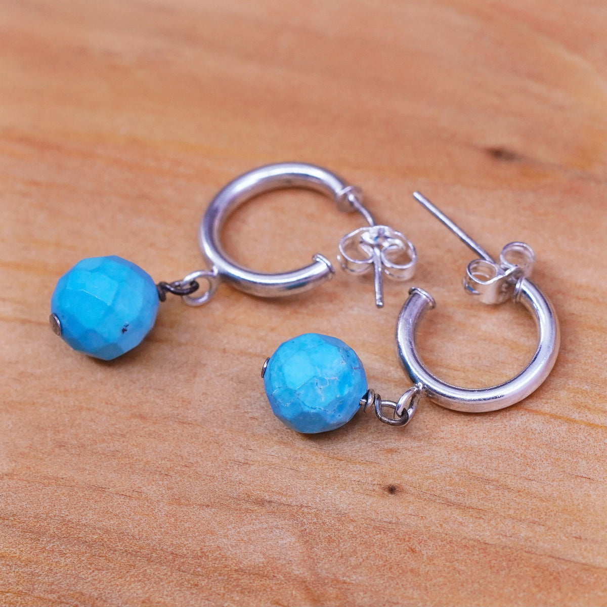 vtg Sterling silver handmade earrings, 925 Huggie hoops with turquoise beads