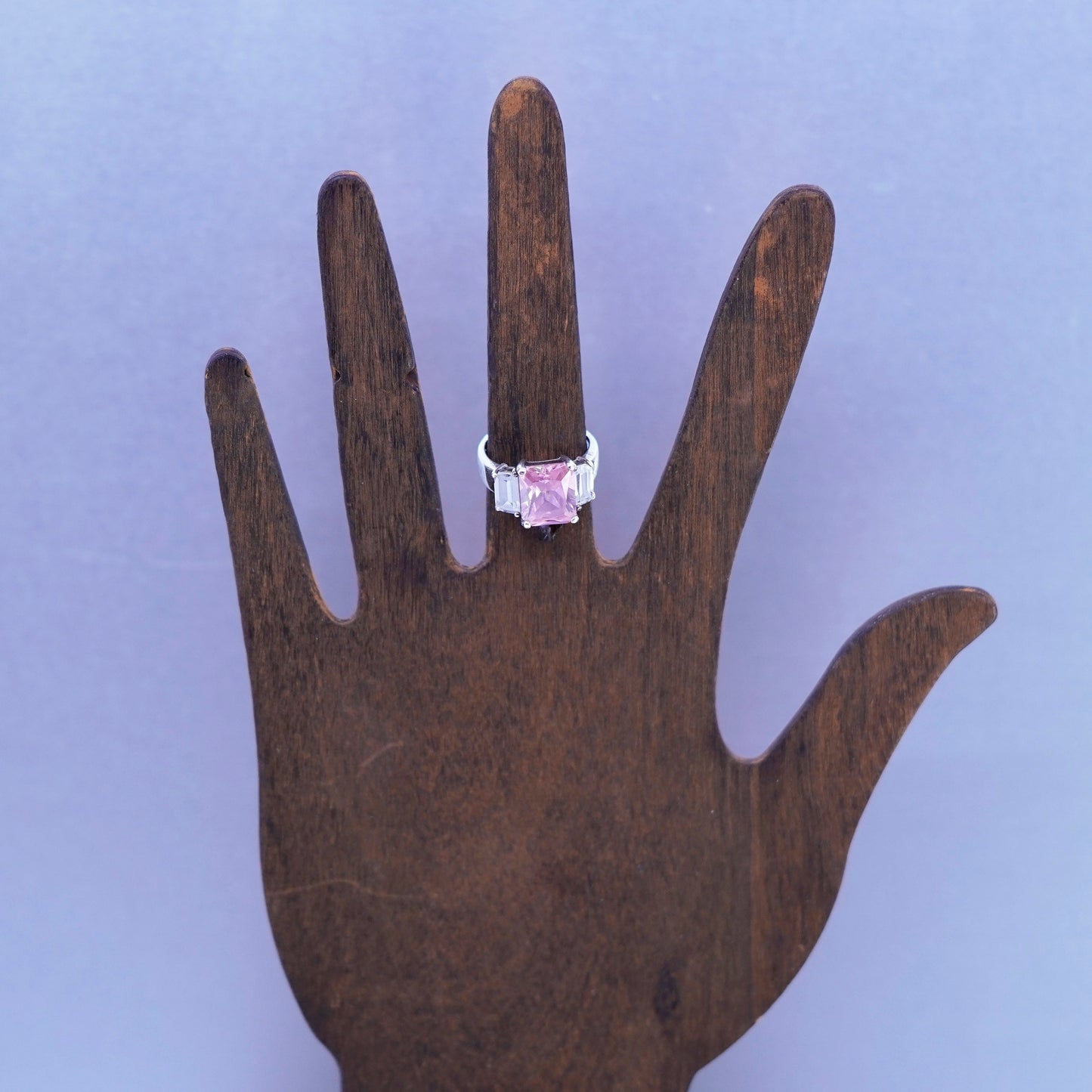 Size 6, vintage Sterling 925 silver handmade ring with rectangular pink Cz