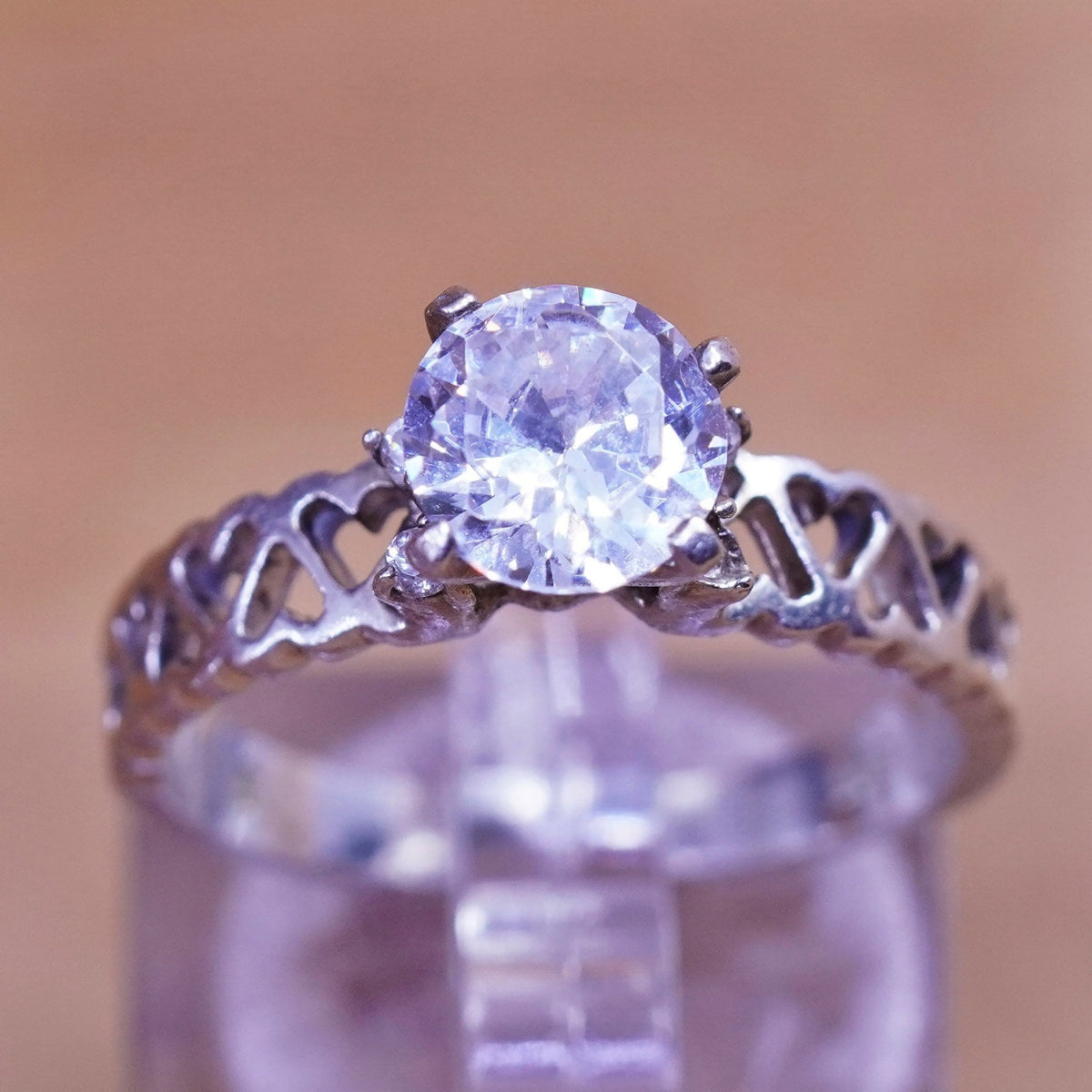 Size 7.25, vintage Sterling silver handmade ring, 925 engagement heart band cz