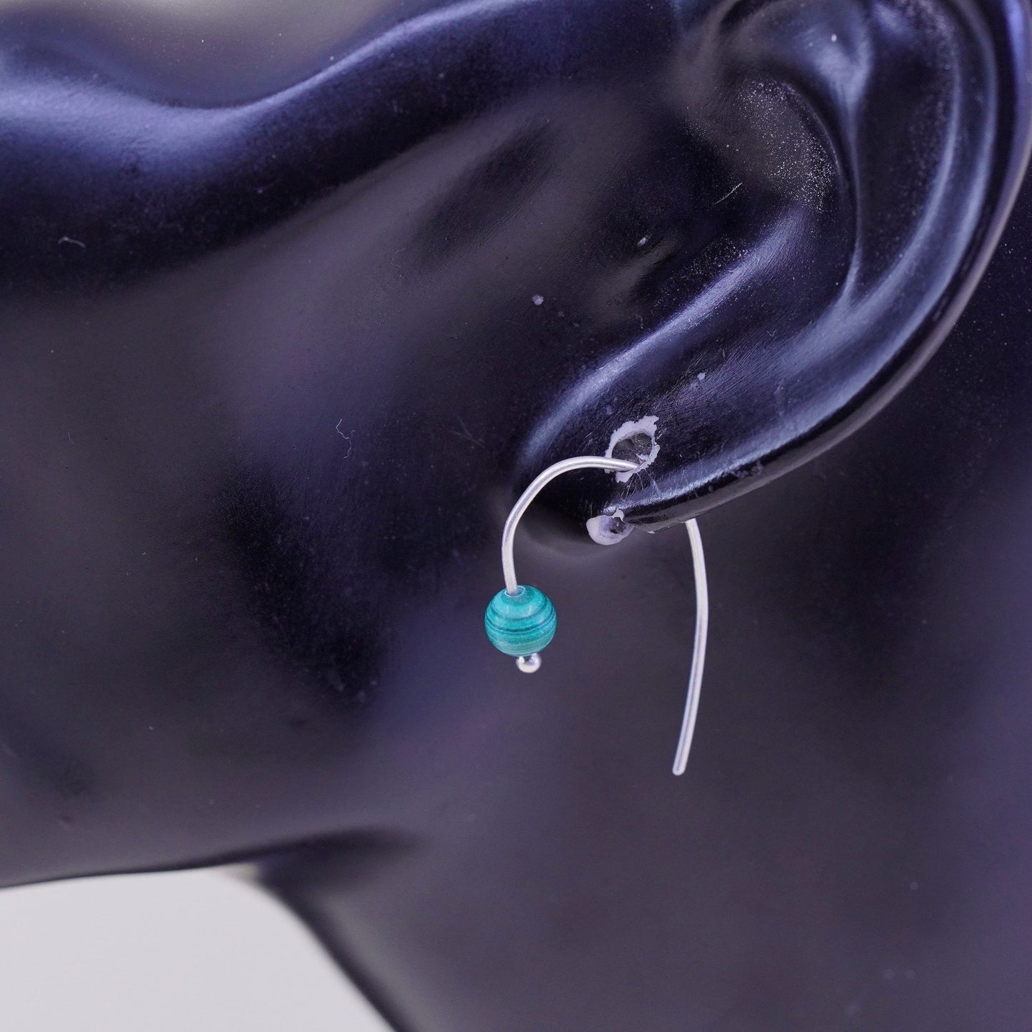 Vintage Sterling 925 silver handmade earrings with malachite bead, silver tested