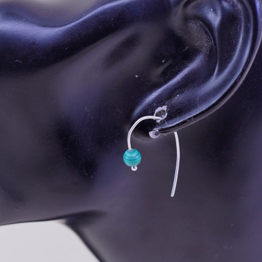Vintage Sterling 925 silver handmade earrings with malachite bead, silver tested