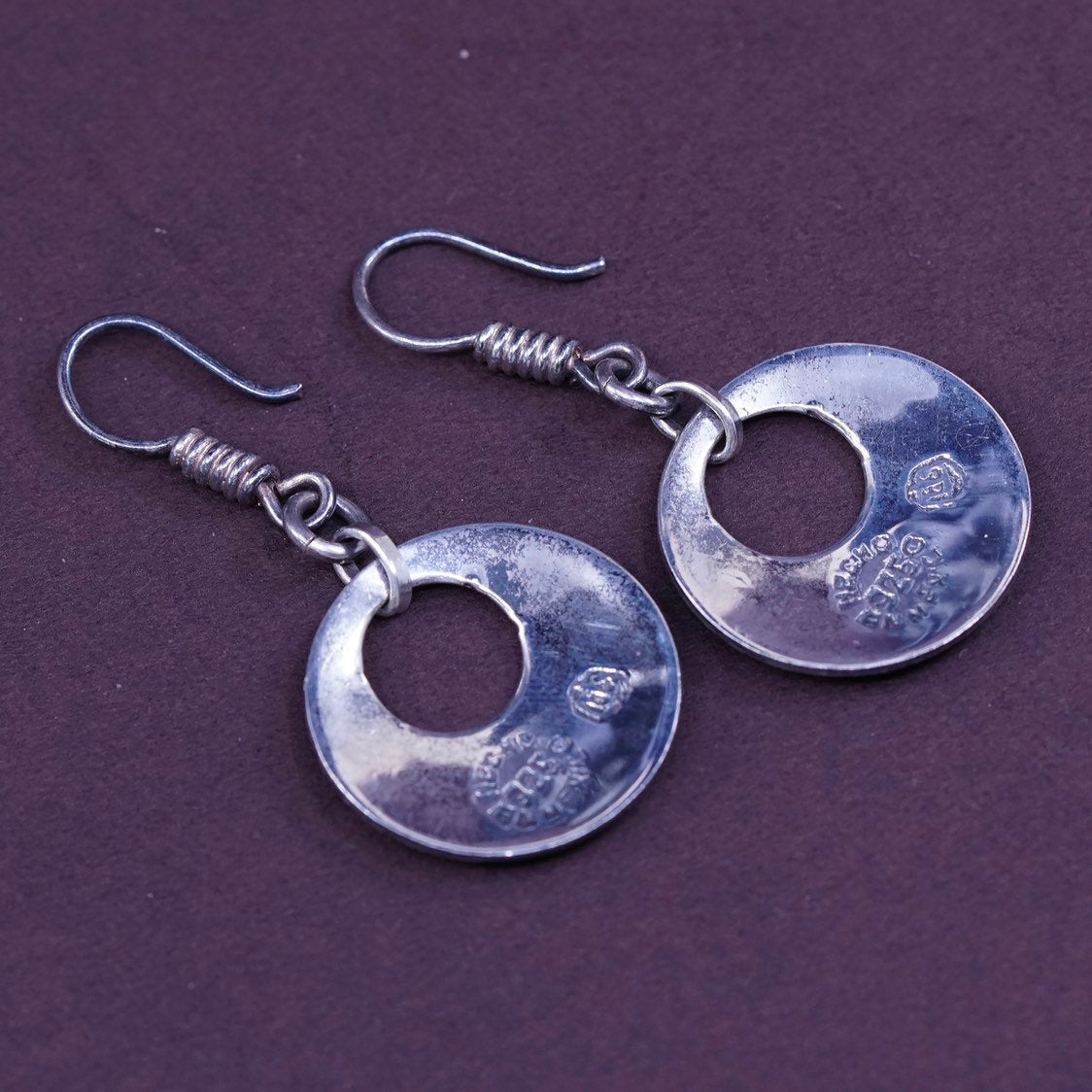 vtg MBCMO Sterling silver handmade earrings, Mexico 925 w/ circle drops, MBCMO
