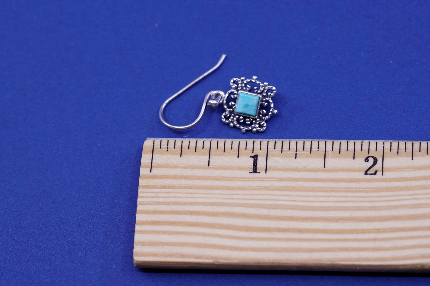 Vintage Sterling 925 silver handmade filigree earrings with square turquoise