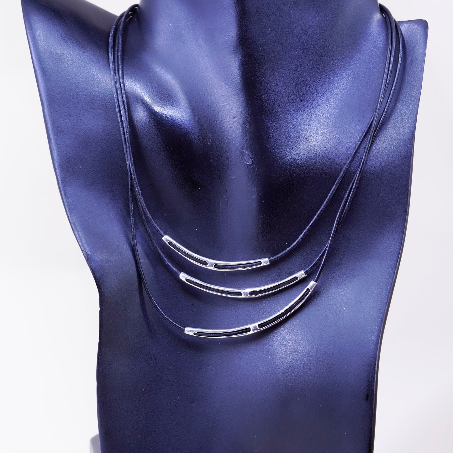 16+2”, Silpada Sterling 925 Silver Black Leather Cord 3 Bar Necklace N1571