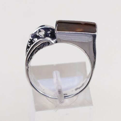Sz 8.5, Vtg Statement Ring in Sterling Silver W/ Abalone N Leopard Face