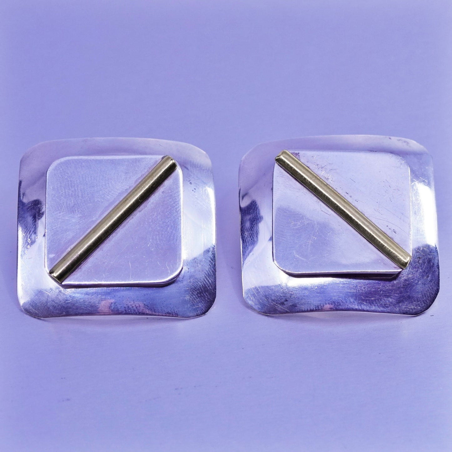Vintage two tone Sterling 925 silver handmade earrings, square studs