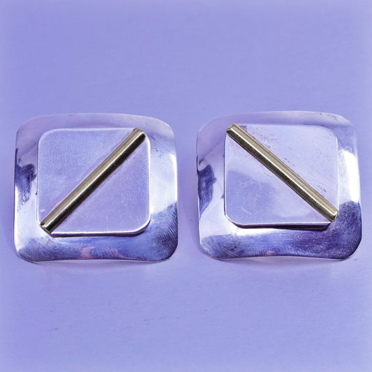 Vintage two tone Sterling 925 silver handmade earrings, square studs