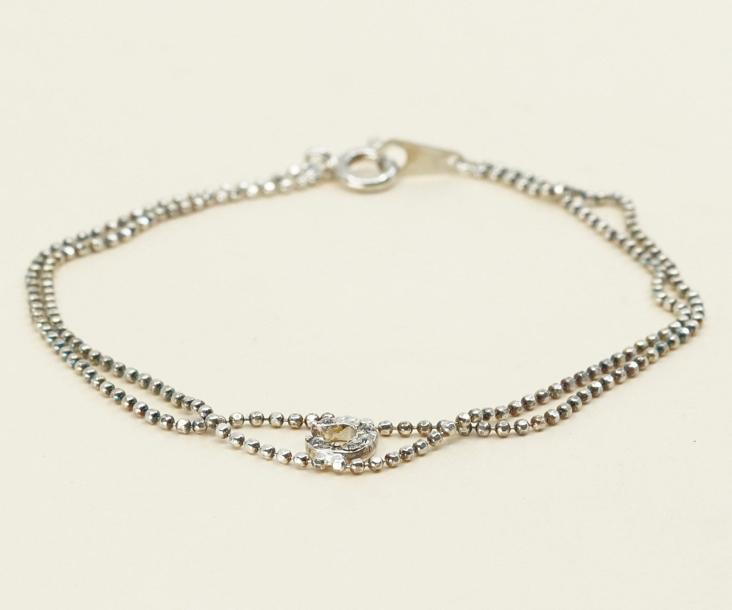 7", 1mm, vtg silver bracelet, 925 double strands beads w/ C N crystal