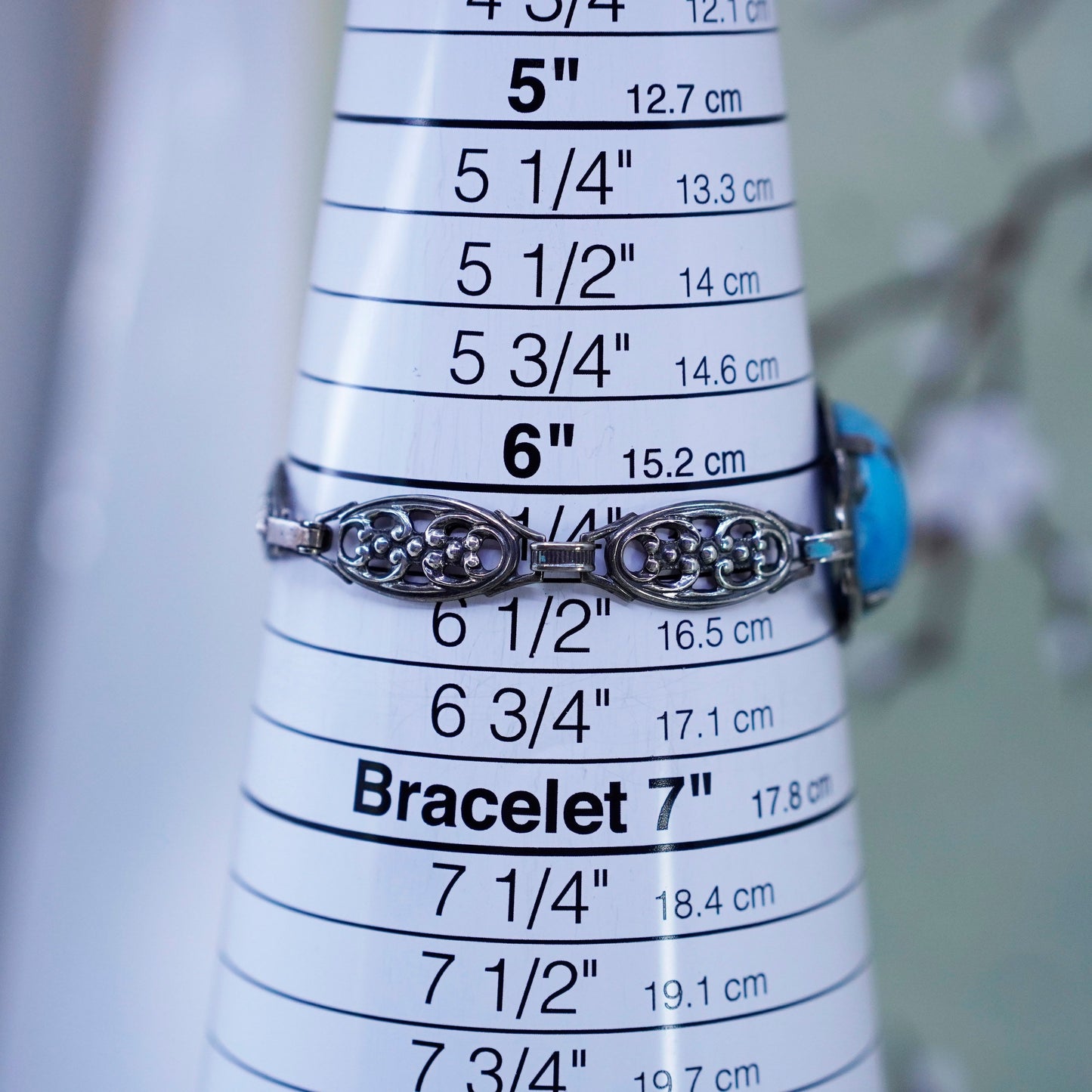 6.25”, Sterling Silver 925 filigree floral chain Bracelet manmade turquoise