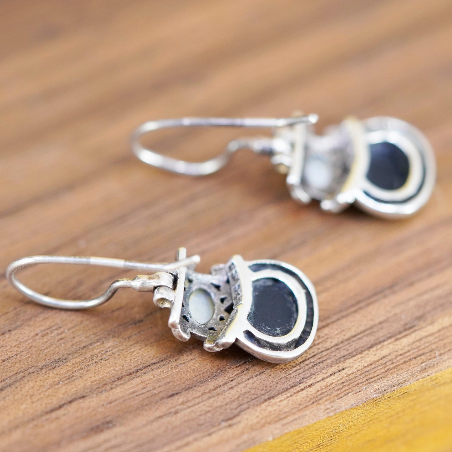 Vintage Sterling 925 silver handmade filigree earrings oval onyx mother pearl