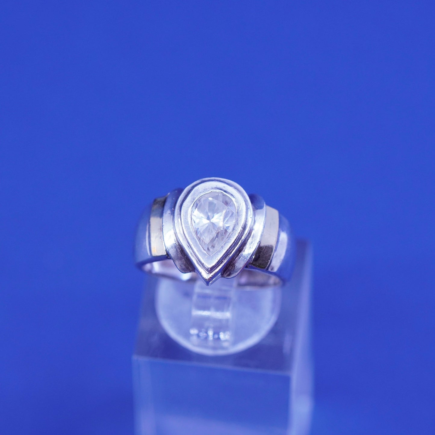 Size 6, vtg Sterling silver handmade ring, 925 statement band with teardrop cz