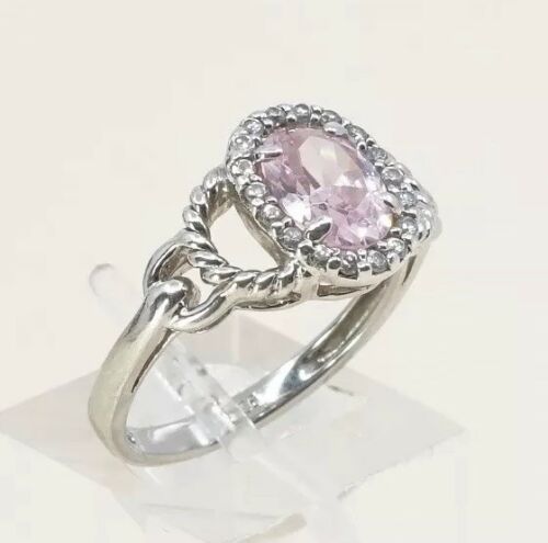 Sz 6.5, Sterling Silver Ring, 925 Silver Engagement Ring W/ pink Crystal N Cable